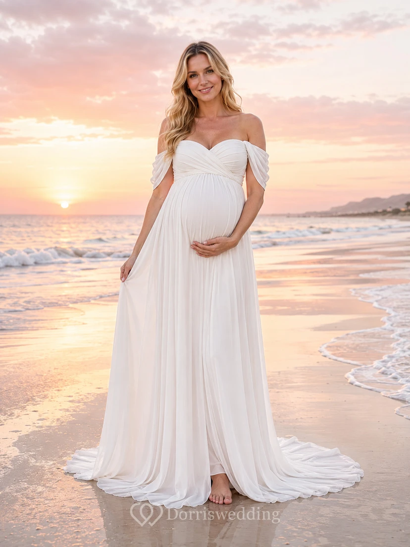 Vestido de novia premamá con hombros descubiertos, sencillo, corte en A, ideal para la playa, con cola.