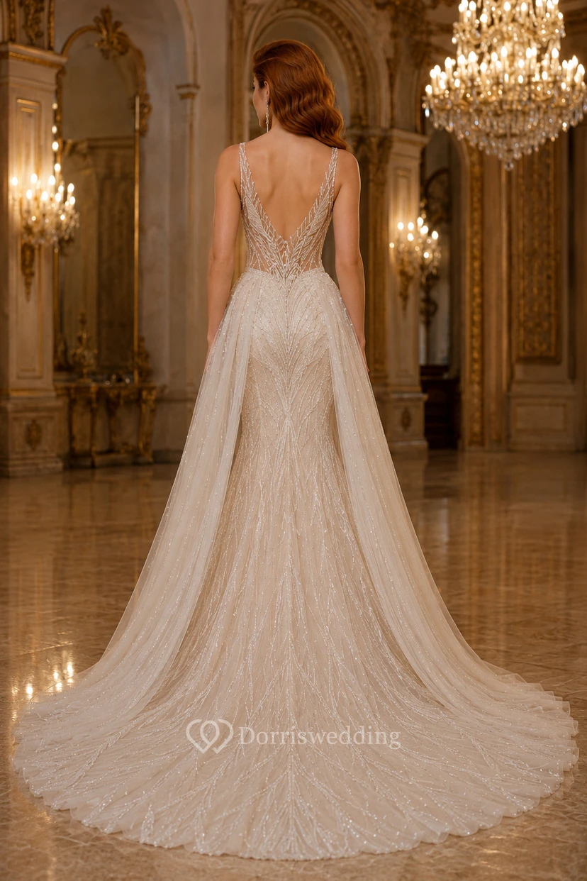 Vestido de novia de corte A con escote en V, encaje y cuentas, color champán, con cola de capilla. view 2