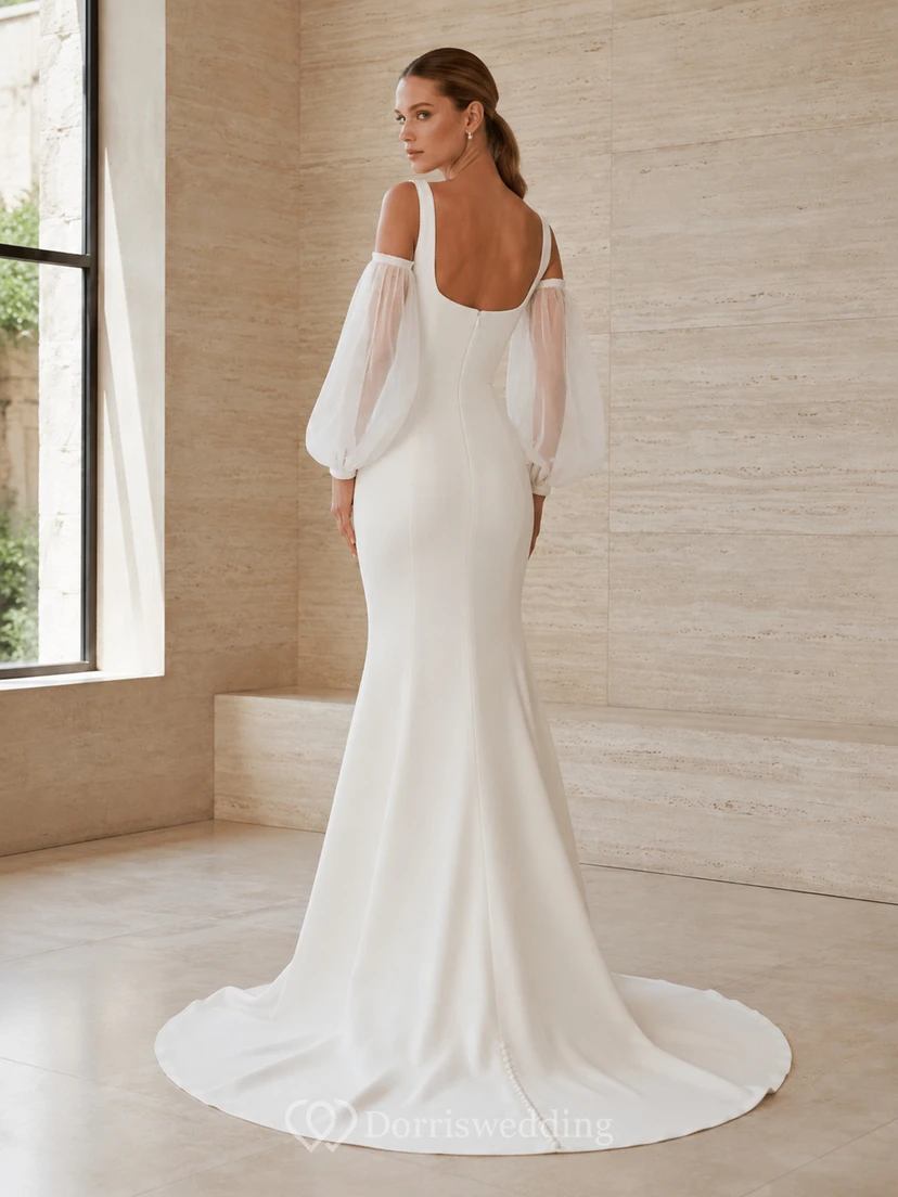Robe de mariée sirène en satin à col carré et manches bouffantes, dos zippé, traîne courte moderne view 2