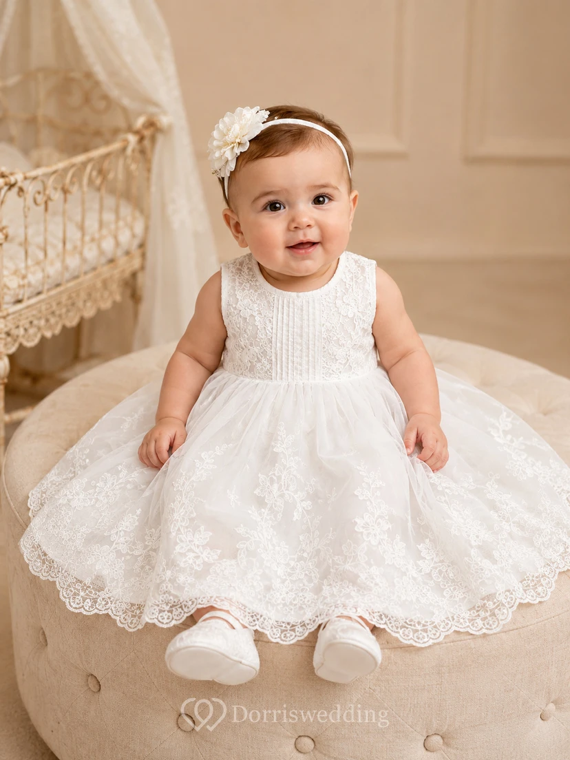 Sleeveless Christening Dress A-Line Lace Tulle Jewel Neck Full Skirt