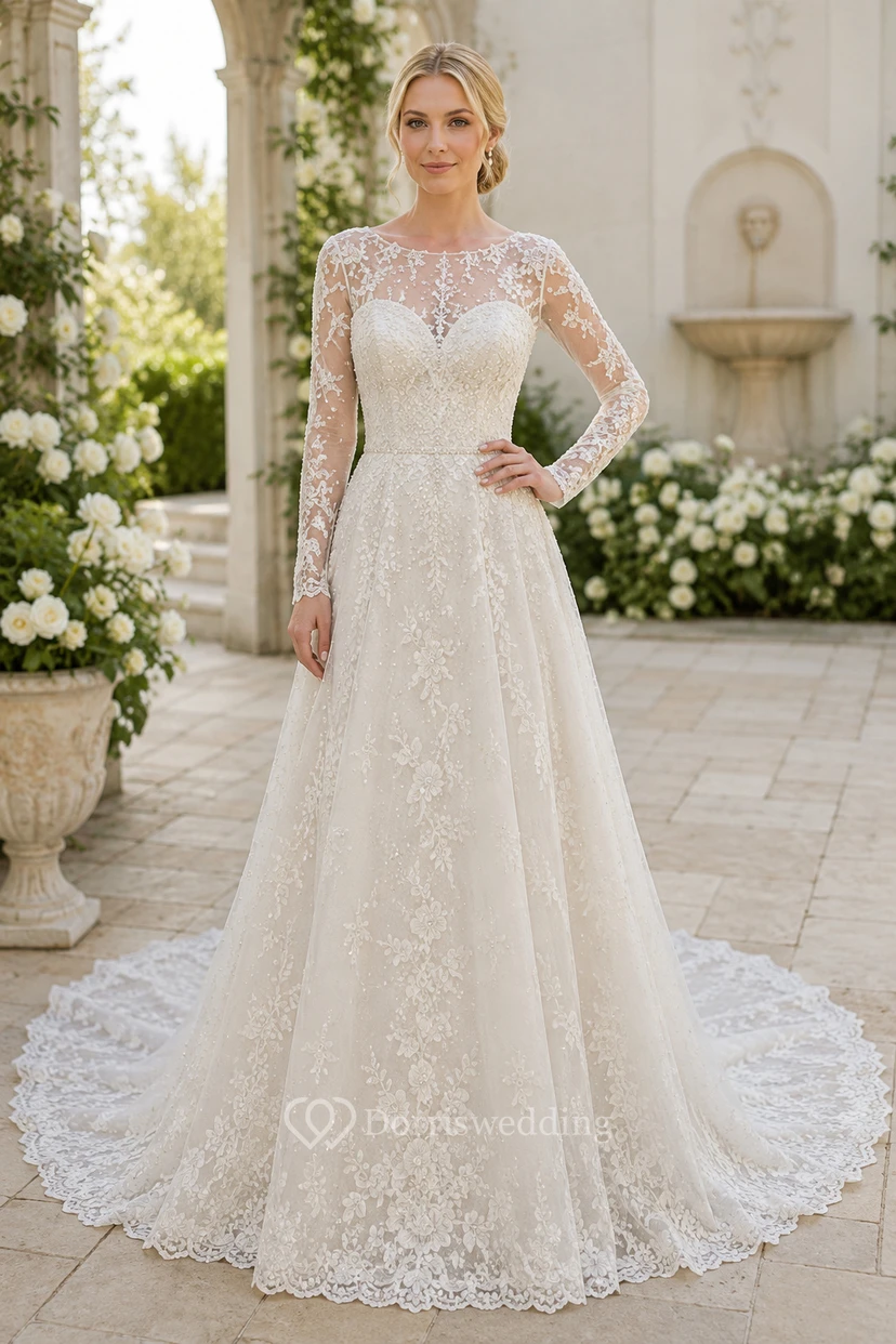 Robe de mariée en dentelle et tulle, coupe trapèze, bustier cœur, manches longues, traîne.