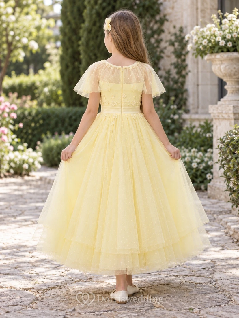 Daffodil Floral Dotted Capelet Ankle-length A-Line Tiered Tulle Satin Waist Flowergirl Dress view 2