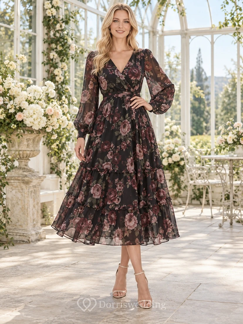 Vestido de invitada negro de corte A, escote en V, manga larga y largo hasta la rodilla.