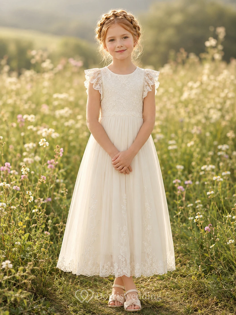 Robe de demoiselle d'honneur élégante, coupe trapèze, en tulle et dentelle florale, col bijou, manches pétales, longueur cheville