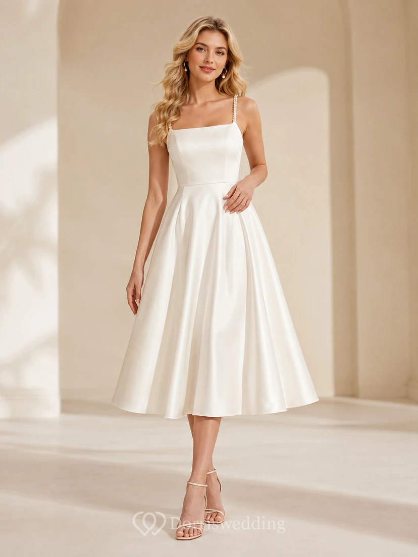 Robe de passage à l'âge adulte en satin blanc nacré à fines bretelles et longueur thé