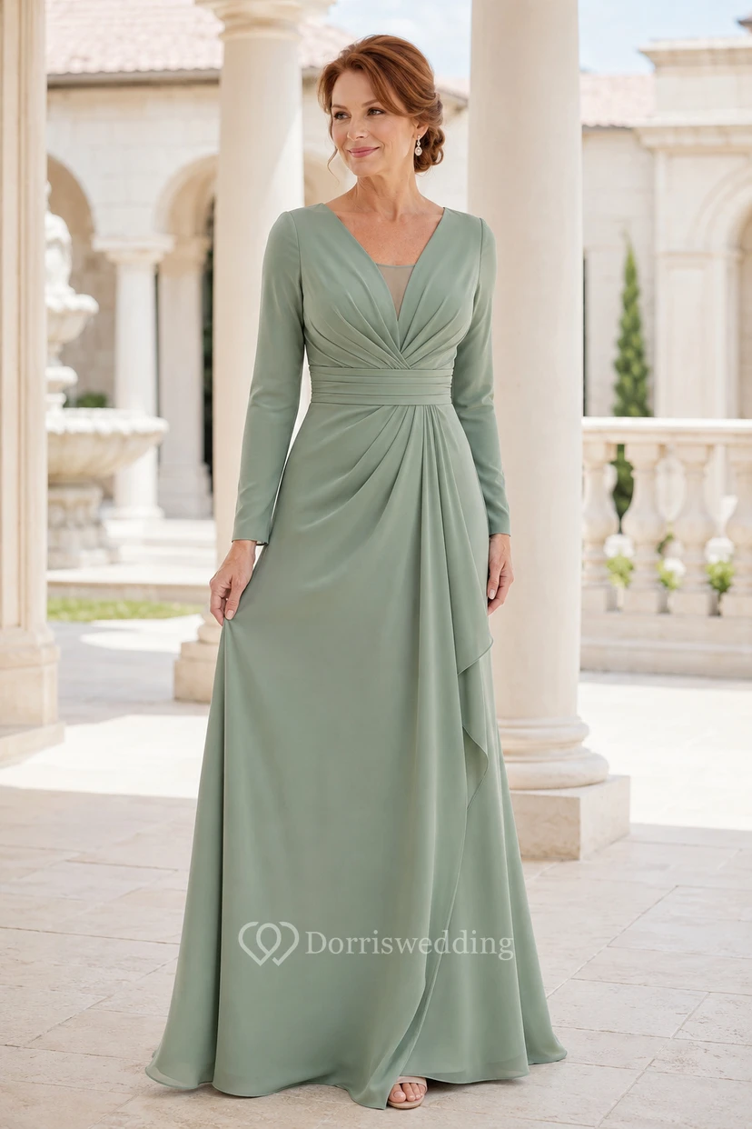 Sage Long Sleeve Chiffon A-Line Mother Dress with V-Neck