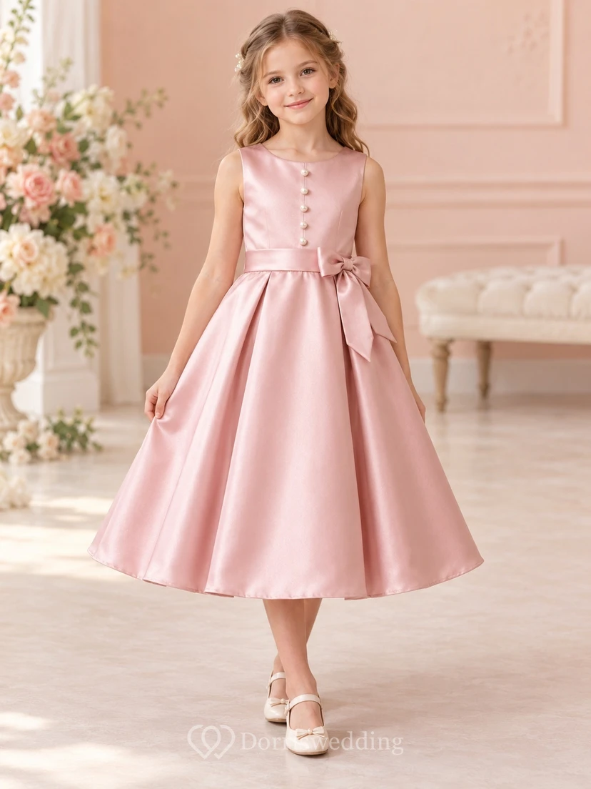 Blushing Pink Sleeveless Pearl Button Bow Tea-length Flower Girl Dress