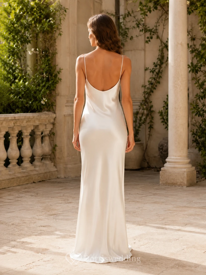 Simple V-Neck Spaghetti Strap Satin Sheath Floor-Length Backless Elopement Wedding Dress view 2