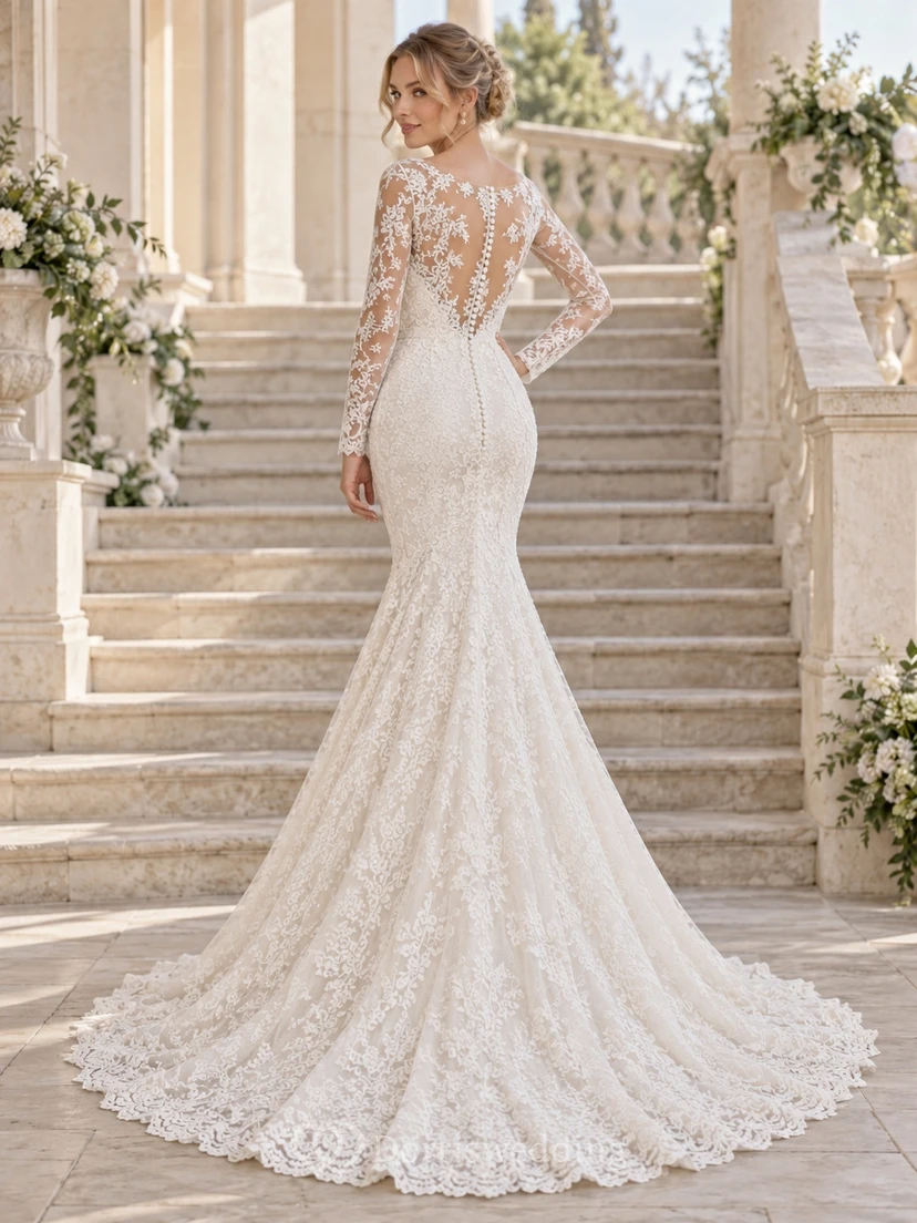 Vintage Long Sleeve Illusion Sweetheart Lace Mermaid Bridal Wedding Dress view 2