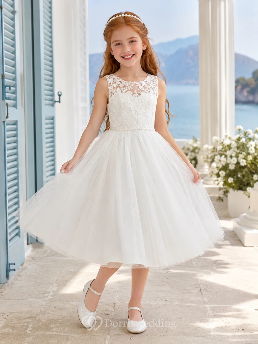 Flower Girl Dress Ivory Lace Tulle A-Line Jewel Neck Tea Length