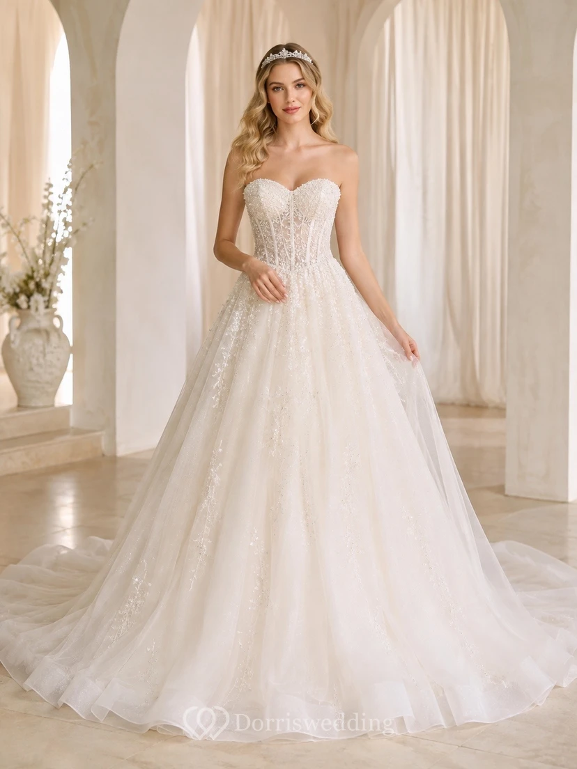 Vestido de novia de gala con cola larga y falda de tul para ceremonia nupcial
