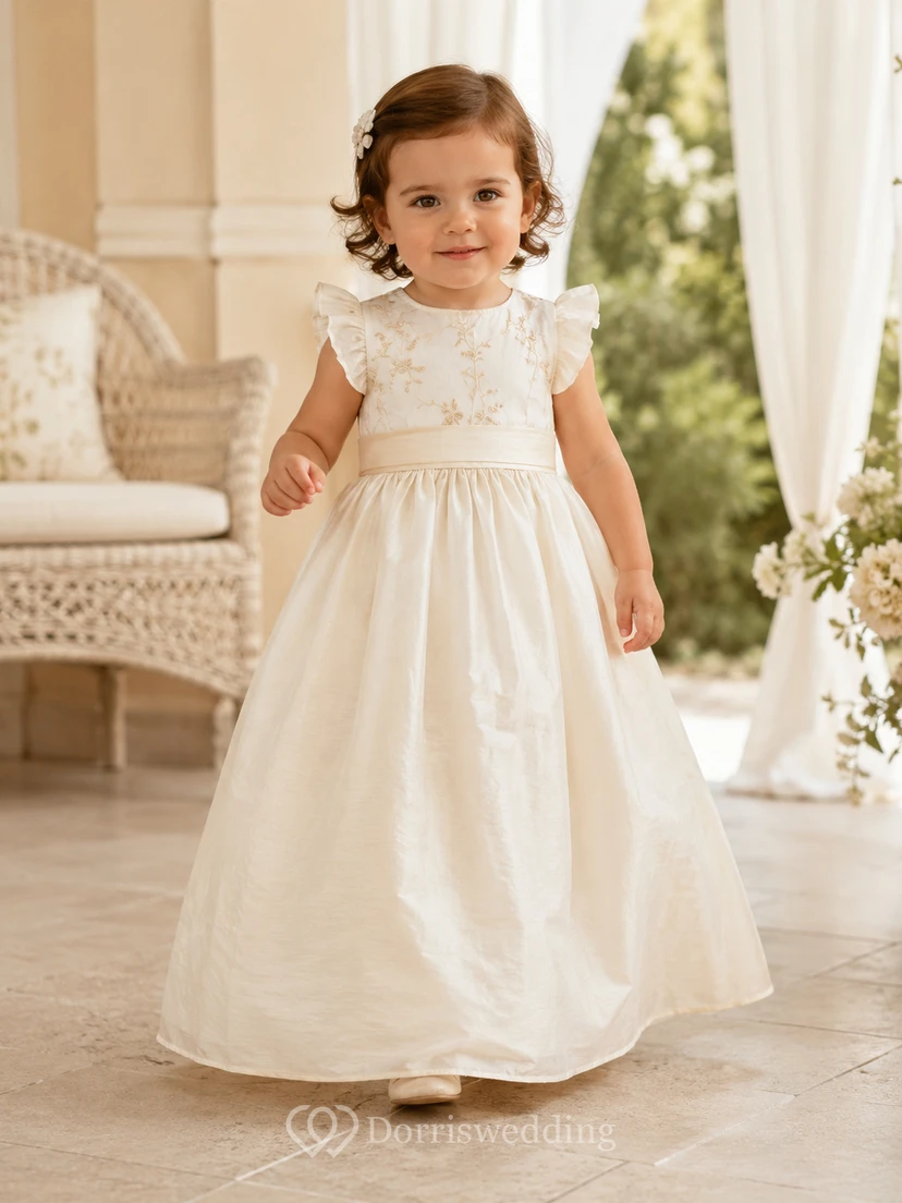 Vestido de bautizo de seda dupioni, corte A, corpiño de encaje, manga corta, elegante, romántico, adorable, con detalles de joyas.