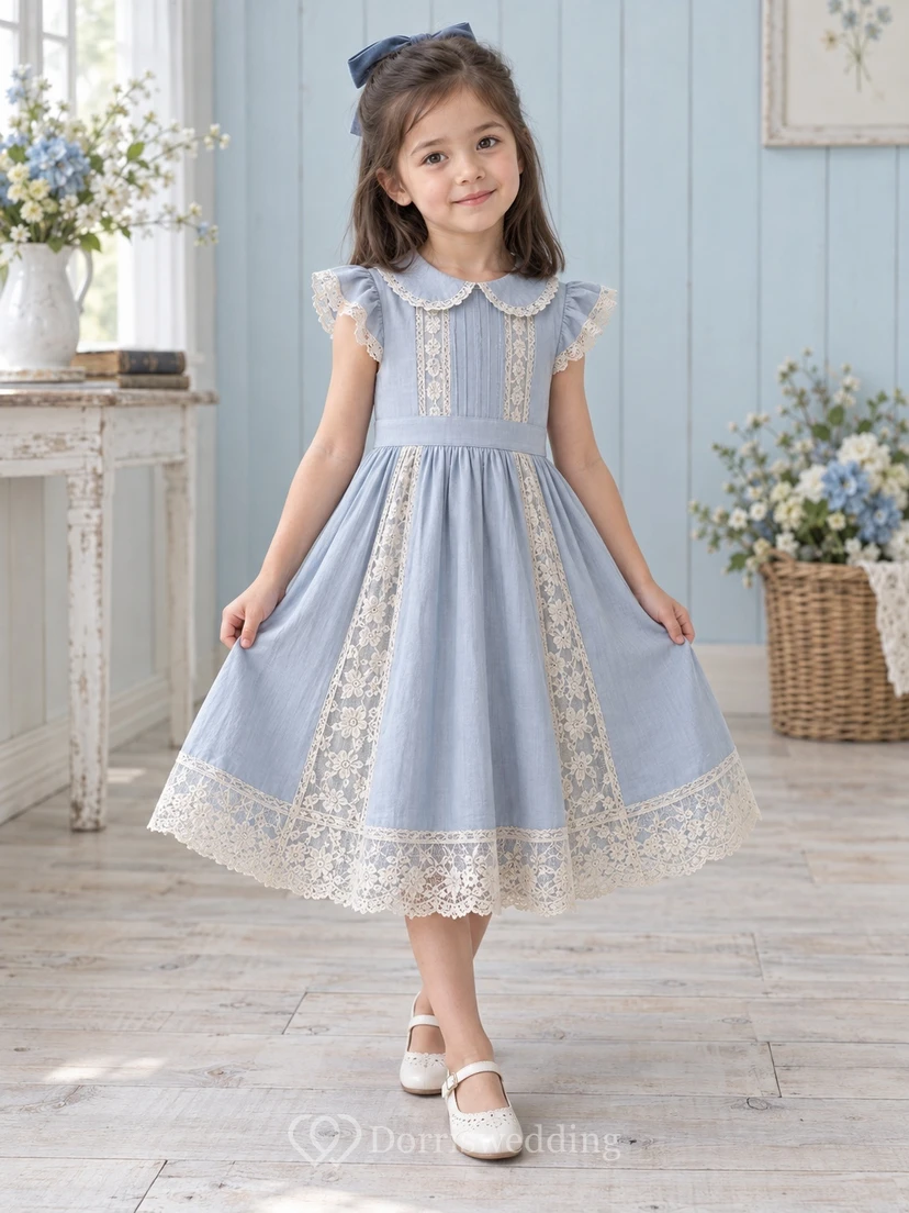 Tea-length Vintage Blue A-Line Lace Flutter-Sleeve Inset-Panels Peter-Pan-Collar Flowergirl Dress