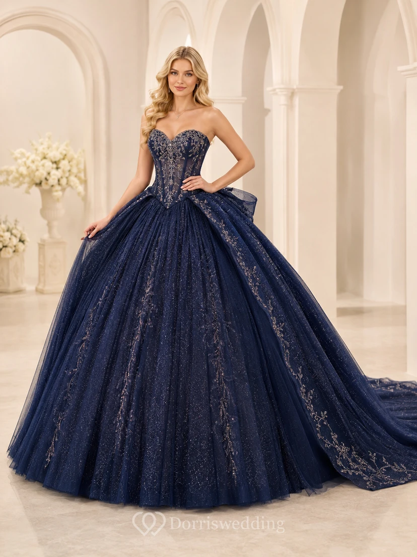 Dark Navy Luxury Strapless Sweetheart Glitter Tulle Detachable Cathedral Train Quinceanera Ball Gown