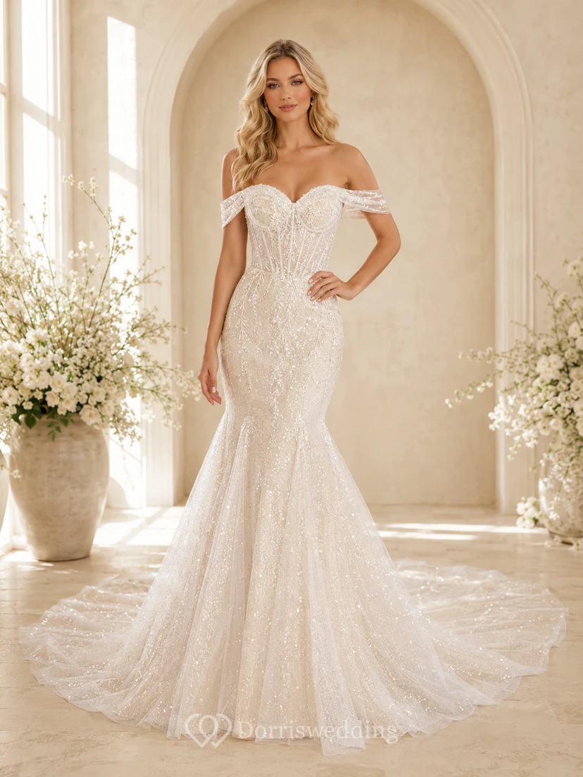 Brautkleid aus Spitze im Meerjungfrauenstil mit schulterfreiem Schnitt, Schleppe und tiefem V-Ausschnitt