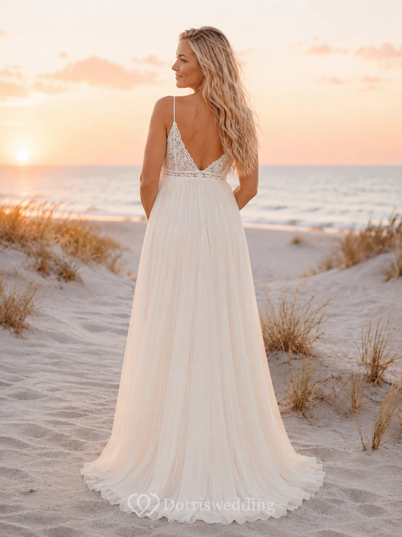 Umstandsbrautkleid, A-Linie, Tüll, Strandkleid mit V-Ausschnitt, Spaghettiträgern und Spitzenbesatz an der Taille view 2