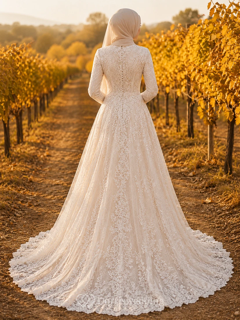 Vestido de novia musulmán modesto de encaje con cuello alto y manga larga, corte en A, ideal para otoño. view 2
