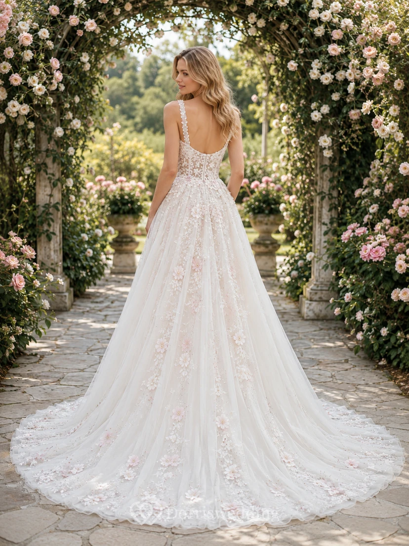 Square Neck Floral Applique Tulle Spring Garden Bridal Gown view 2