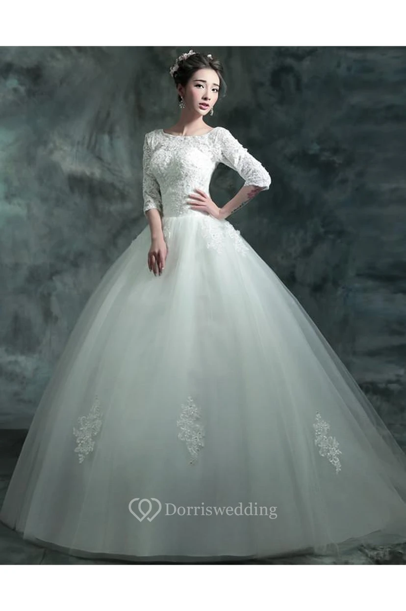 Modern Lace Appliques 3-4-Long Sleeve Wedding Dress Sweep Train view 3