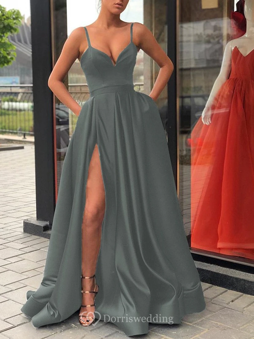 Spaghetti Satin Black Empire A-line Solid Prom Dress view 43