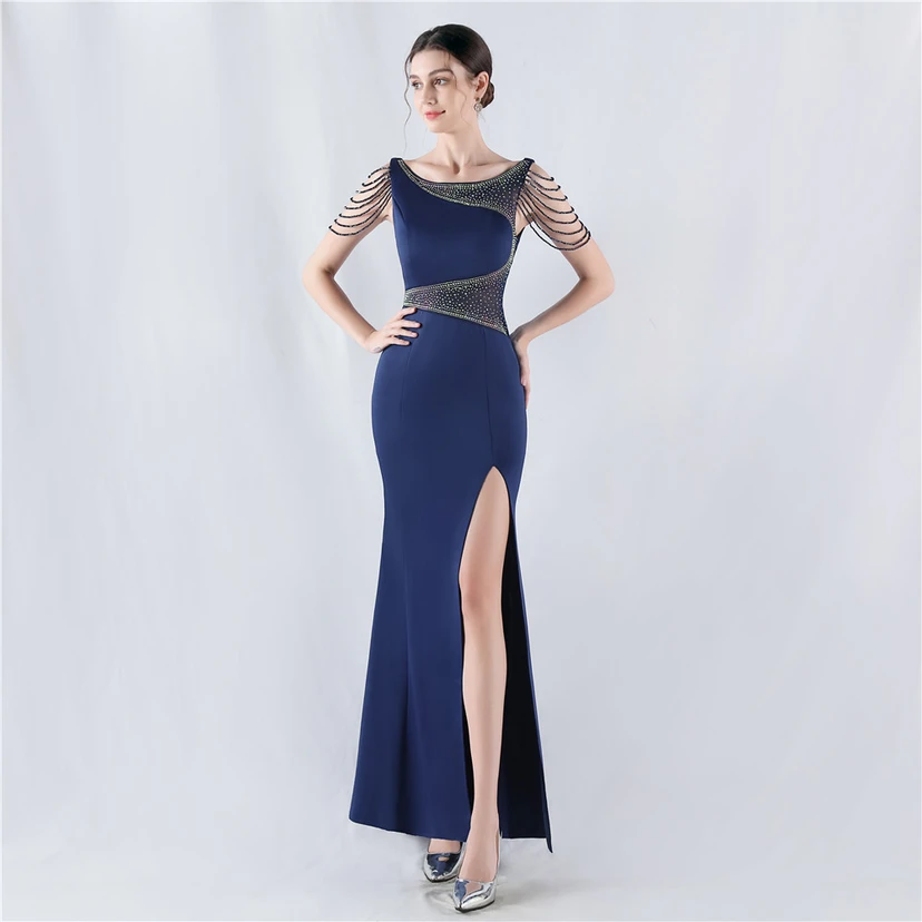 Heavy Hot Diamonds For Transparent Mesh High-Slit Satin Evening Dress Annual Meeting Wedding view 22