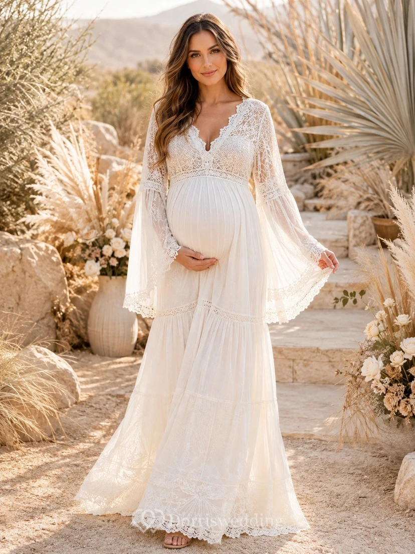 Bohemian Romantic V-Neck Long-Sleeve Lace-Chiffon Draped A-Line Floor-Length Wedding Dress