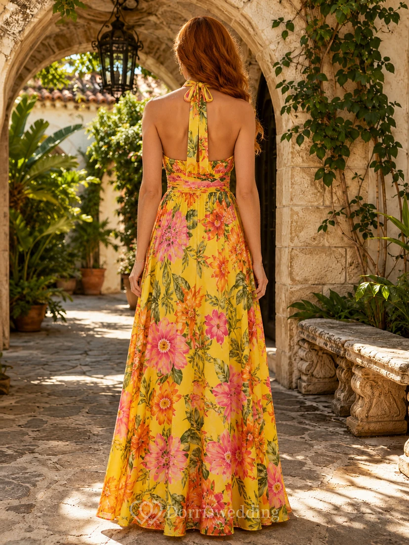 Yellow floral halter tie waist resort maxi dress view 2