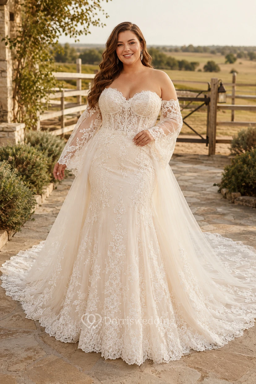 Vestido de novia de talla grande color marfil, con escote Bardot, encaje, corte en A y cola larga.