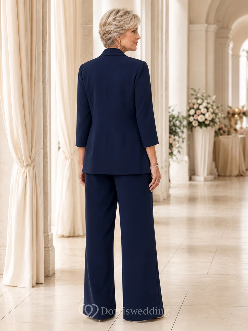 Dark Navy Mother Pantsuit with Simple Tailored Jacket and Wide Leg Pants view 2