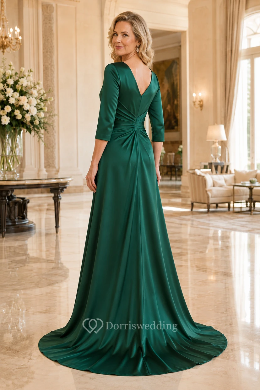Dunkelgrünes, schulterfreies A-Linien-Kleid aus Satin mit Dreiviertelärmeln view 2