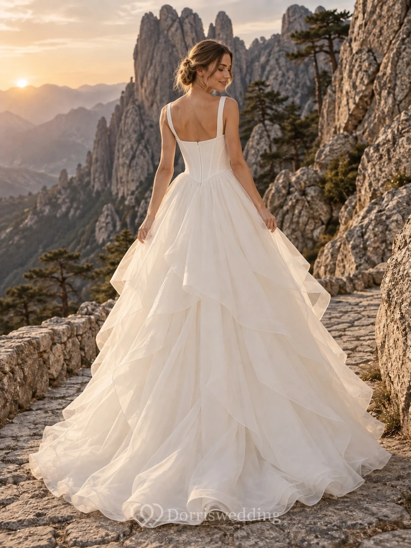 Romantisches, ärmelloses Ballkleid aus Organza mit quadratischem Ausschnitt und gestufter Schleppe view 2