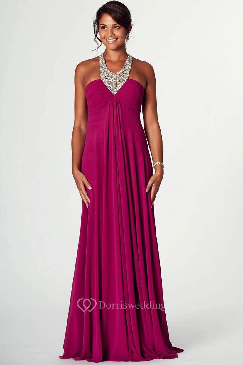 V-Neck Beaded Sleeveless Empire Chiffon Prom Dress