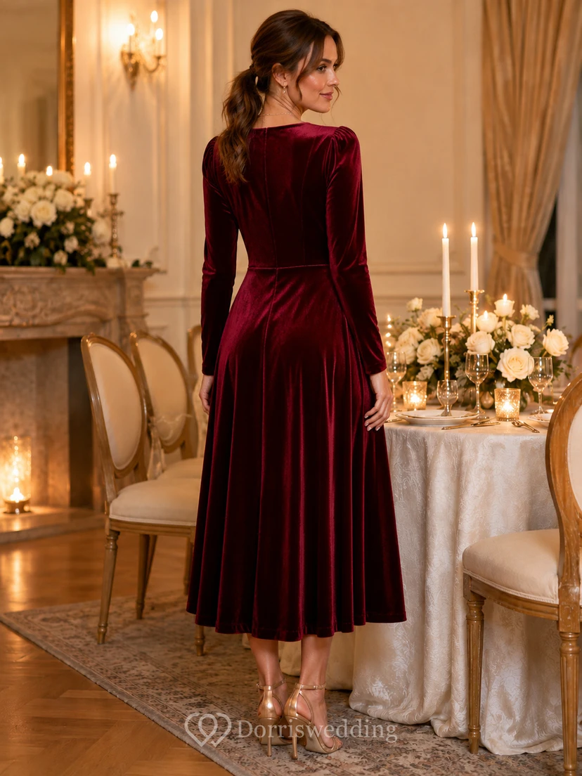 Robe midi trapèze à manches longues et col carré en velours bordeaux view 2