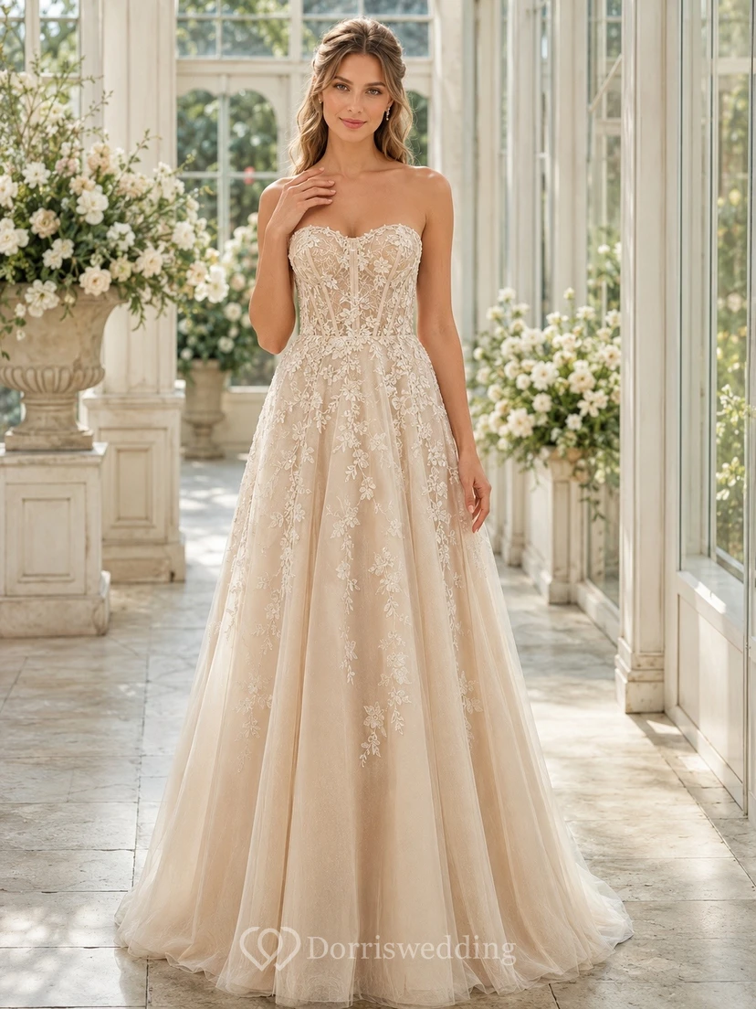 Lace Strapless A-Line Bridal Gown Chapel Train Ceremony Dress