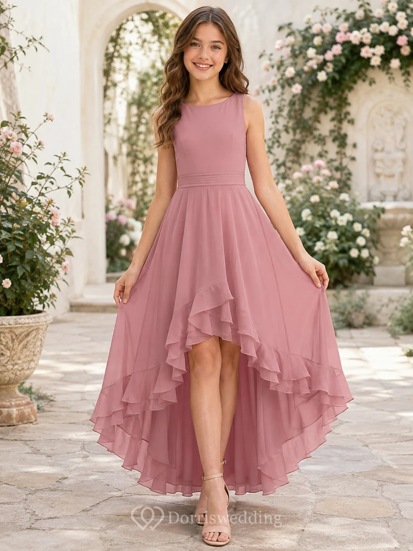 Brautjungfernkleid in Altrosa, A-Linie, ärmellos, asymmetrischer Saum, Chiffon, Rüschen, romantisch