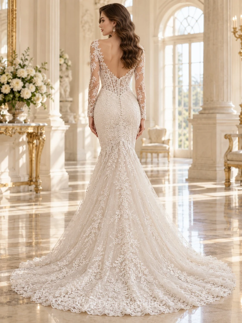 Long Sleeve Mermaid Corset V-neck Floral Lace Chapel Train Wedding Dress view 2