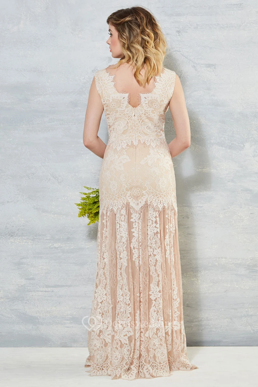 Sheath Sleeveless V-Neck Long Lace Wedding Dress With Appliques And V Back view 2