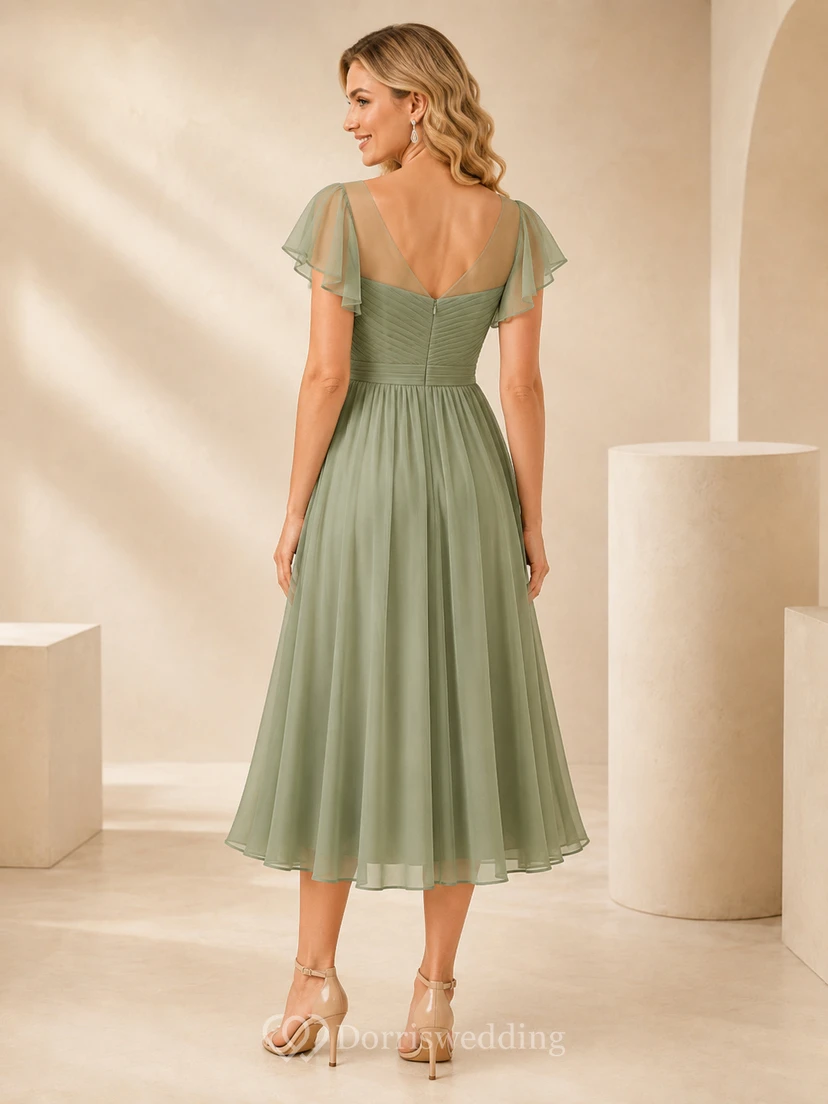 Celadon Tea-Length Sweetheart Flutter Sleeve Chiffon Romantic Wedding Guest Dress view 2