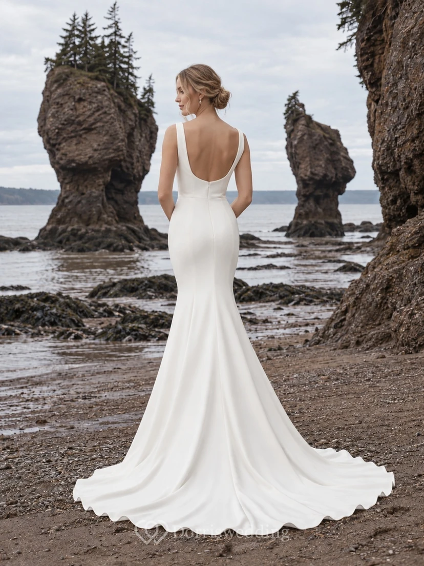 Cowl Neck Beach Wedding Dress with Wide Straps Satin-Back Crepe Mermaid Sweep Train view 2
