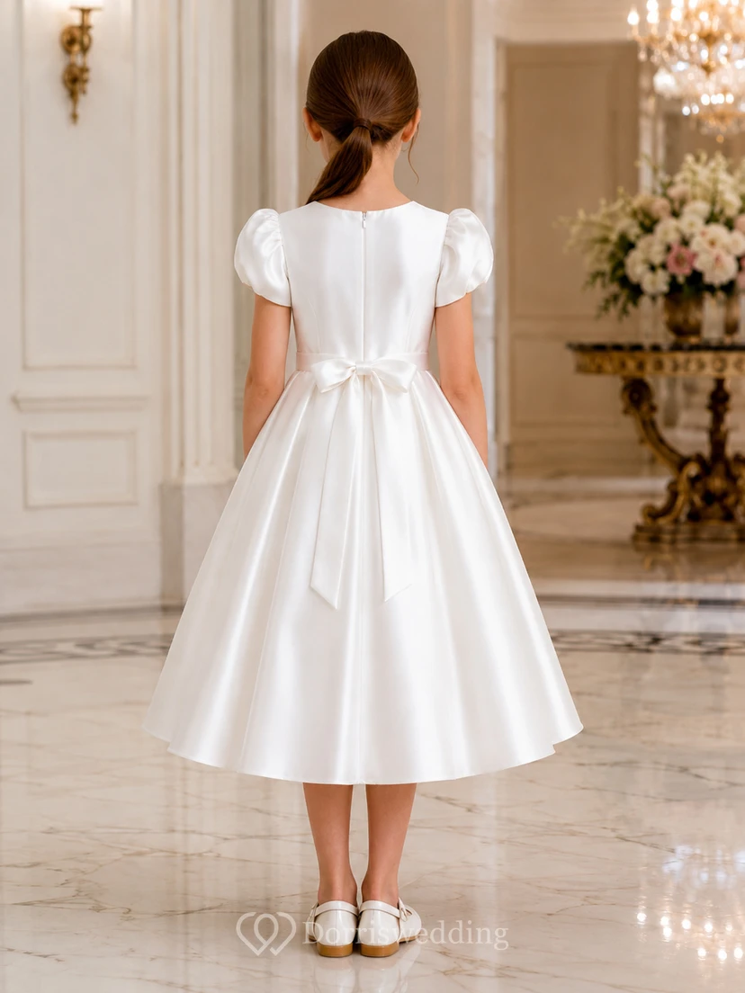 White Satin A-Line Flower Girl Dress with Short Sleeve, Jewel Neck, Tea-Length Skirt, Bow Detail view 2