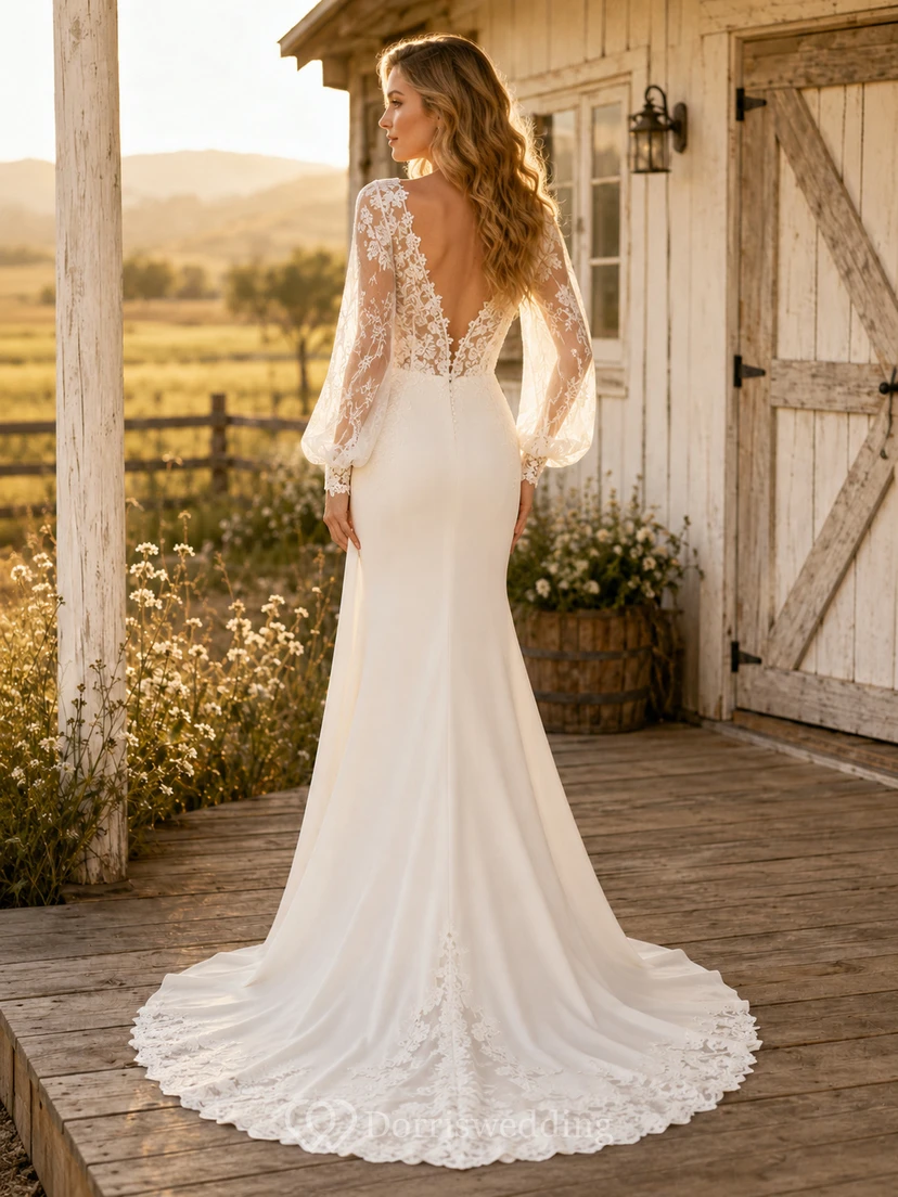 Vestido de novia de crepé con encaje estilo sirena, escote en V, manga larga y cola de capilla. view 2