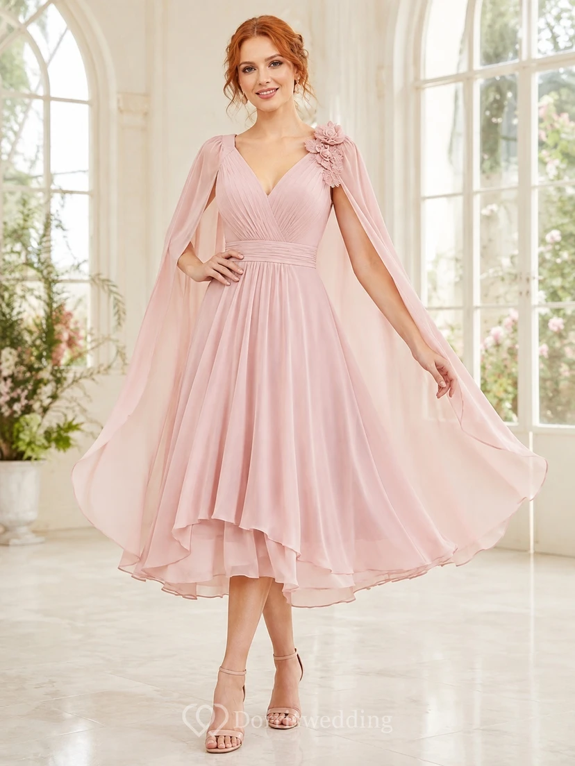 Blushing Pink Floral V-Neck Long Sleeve Chiffon Cape A-Line Tea-length Romantic Dress
