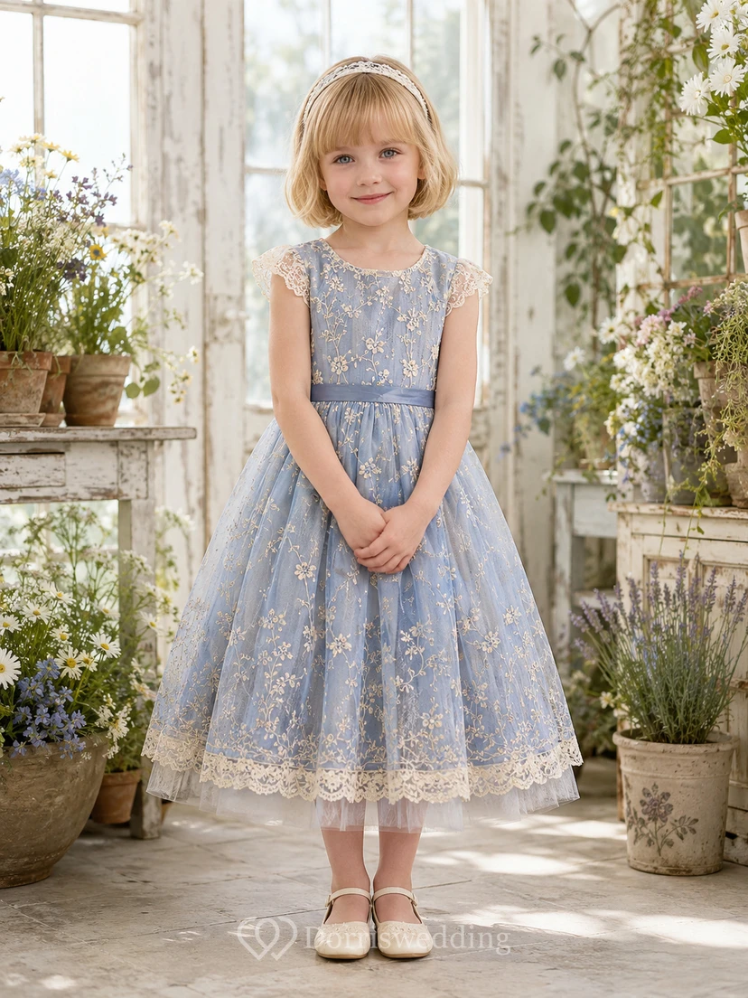 Vestido de niña de las flores azul cielo, encaje, tul, corte en A, cuello joya, largo hasta la rodilla