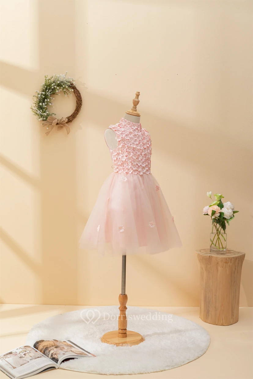 Adorable Jewel Sleeveless Tulle A-line Flowergirl Dress with Petal Top view 6