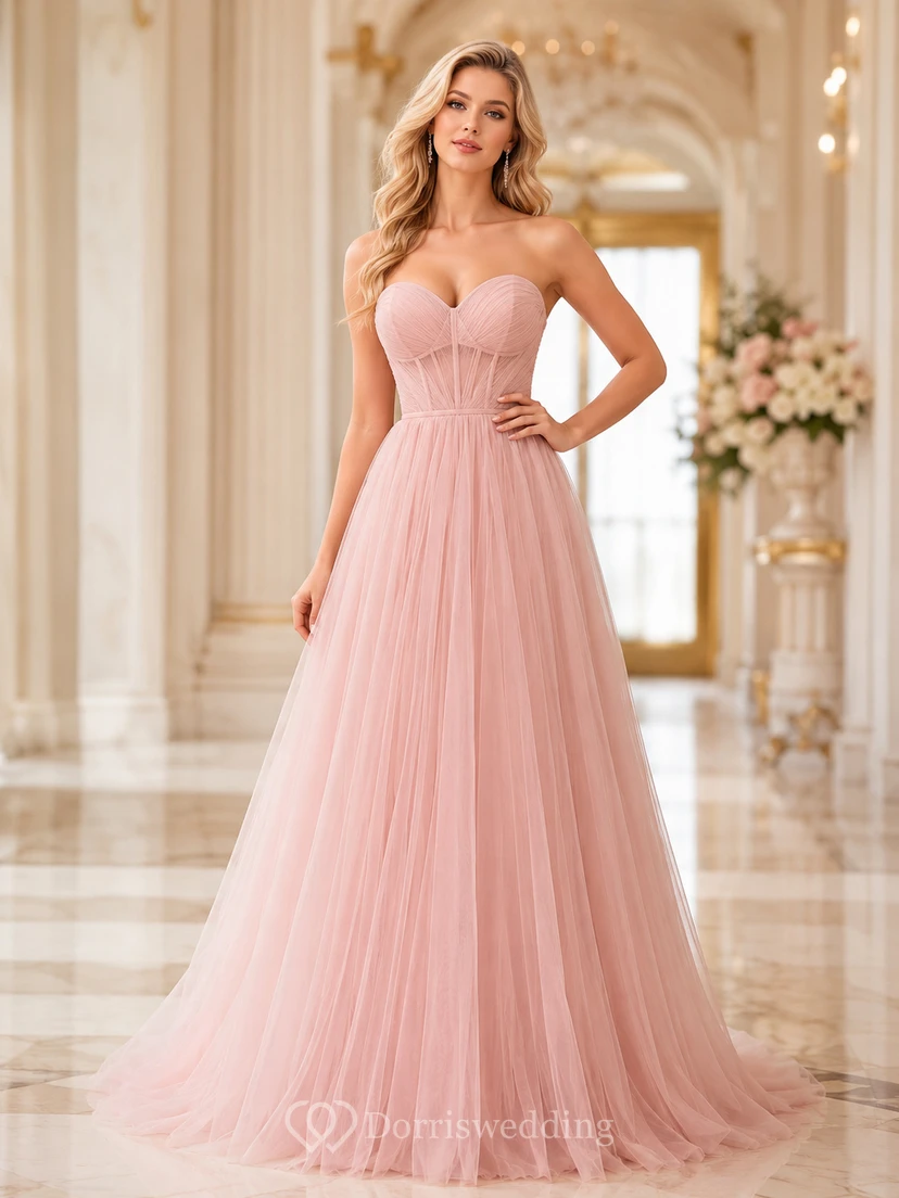 Blush Strapless Sweetheart Tulle A-Line Formal Dress