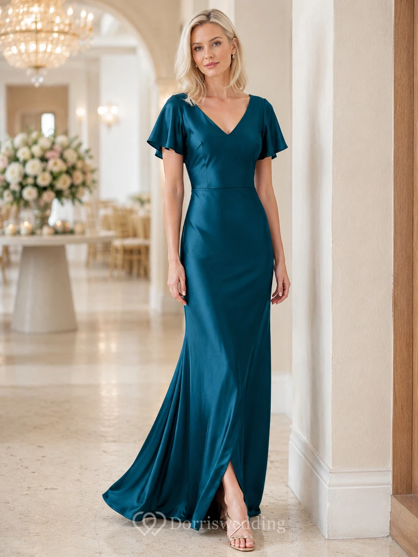 Vestido largo de satén color turquesa con escote en V y mangas con volantes.