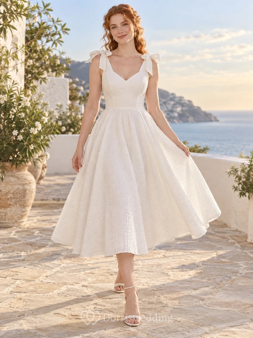 Teelanges, schlichtes Brautkleid mit V-Ausschnitt, Schleifenriemen und strukturiertem, gewebtem Seersucker-Stoff, ausgestelltem Rock
