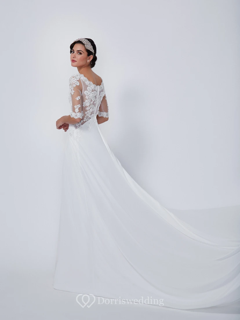 A-Linien-Brautkleid aus Spitze und Chiffon mit Applikationen, Rundhalsausschnitt, bodenlangen Ärmeln und halben Ärmeln view 2