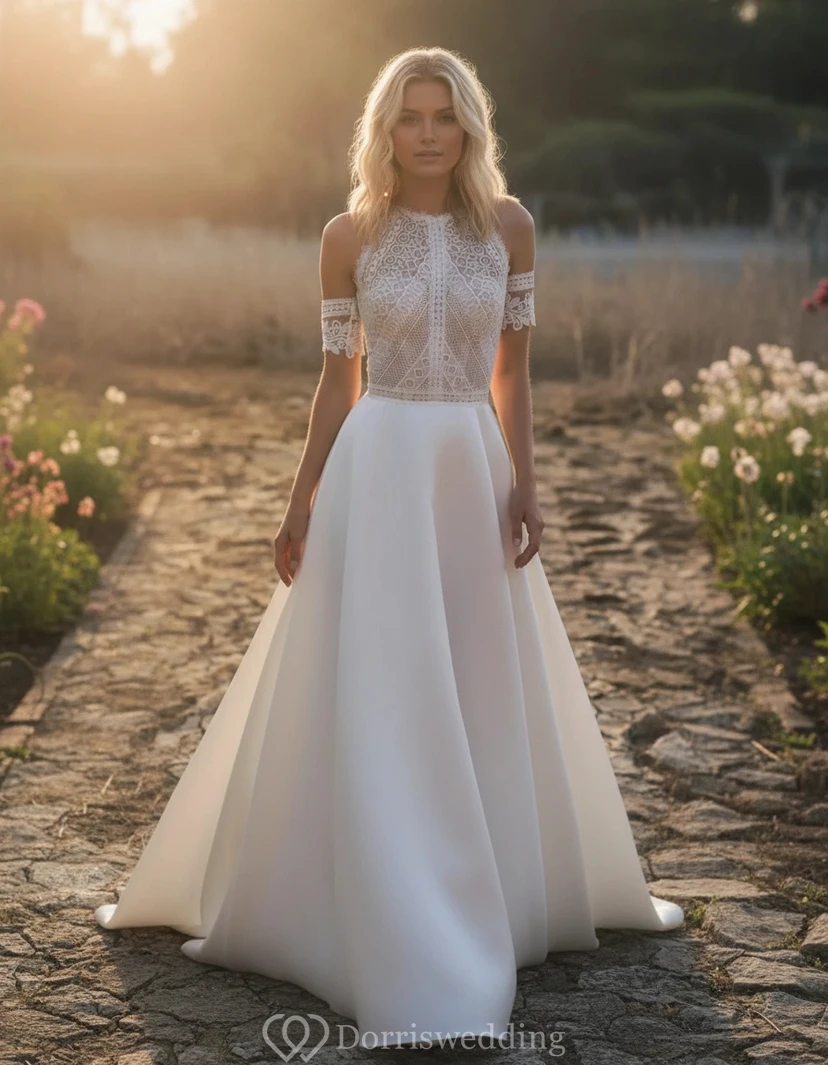 Robe de mariée trapèze en dentelle et satin à col montant et épaules dénudées, style bohème moderne