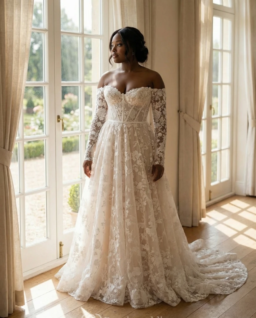 Vestido de novia romántico de corte A con encaje floral y hombros descubiertos, con corpiño tipo corsé. view 4